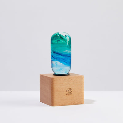 EP Light 4-Pack Resin LED Bulbs with Wooden Base showing unique handcrafted resin bulbs in various colors