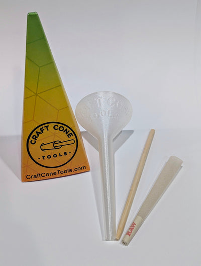 King Craft Cone Filler & Packing Tool Kit showing filler, packing stick, and king-sized cone in clear and black colors