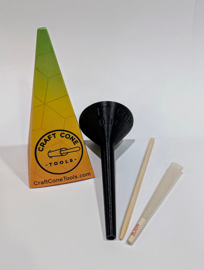 King Craft Cone Filler & Packing Tool Kit showing filler, packing stick, and king-sized cone in clear and black colors