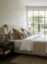 Neutral-toned bedroom with beige upholstered bed, layered white and tan bedding, floral charcoal pillow covers, dark wood nightstand, and large window with garden view.