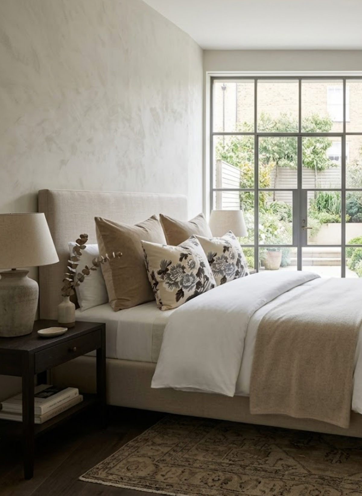Neutral-toned bedroom with beige upholstered bed, layered white and tan bedding, floral charcoal pillow covers, dark wood nightstand, and large window with garden view.