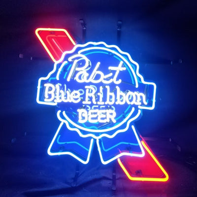 Pabst Blue Ribbon Beer Classic Neon sign illuminated on wall