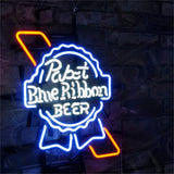 Neon sign featuring the Pabst Blue Ribbon Beer logo with a bright white outline and blue inner text, accented by an orange diagonal bar, mounted on a dark stone wall.