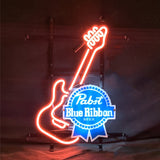 Guitar shaped neon sign featuring Pabst Blue Ribbon branding, displayed lit and unlit.