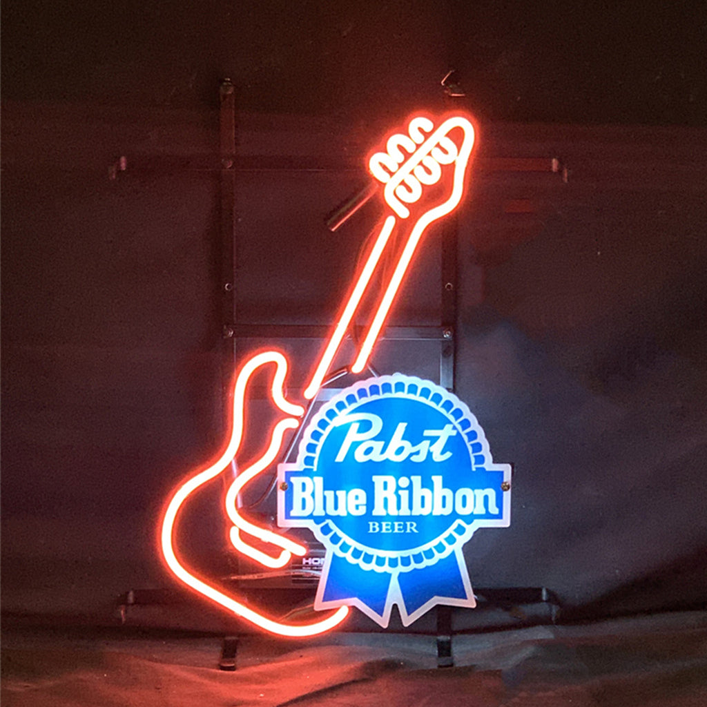 Guitar shaped neon sign featuring Pabst Blue Ribbon branding, displayed lit and unlit.