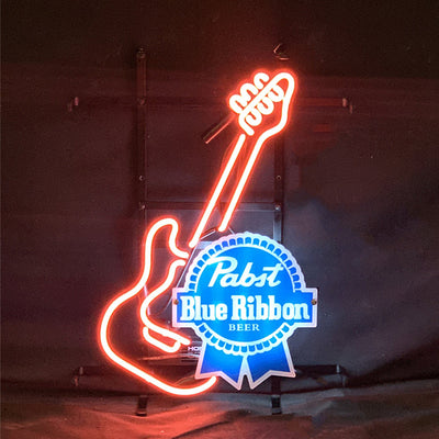 Guitar shaped neon sign featuring Pabst Blue Ribbon branding, displayed lit and unlit.