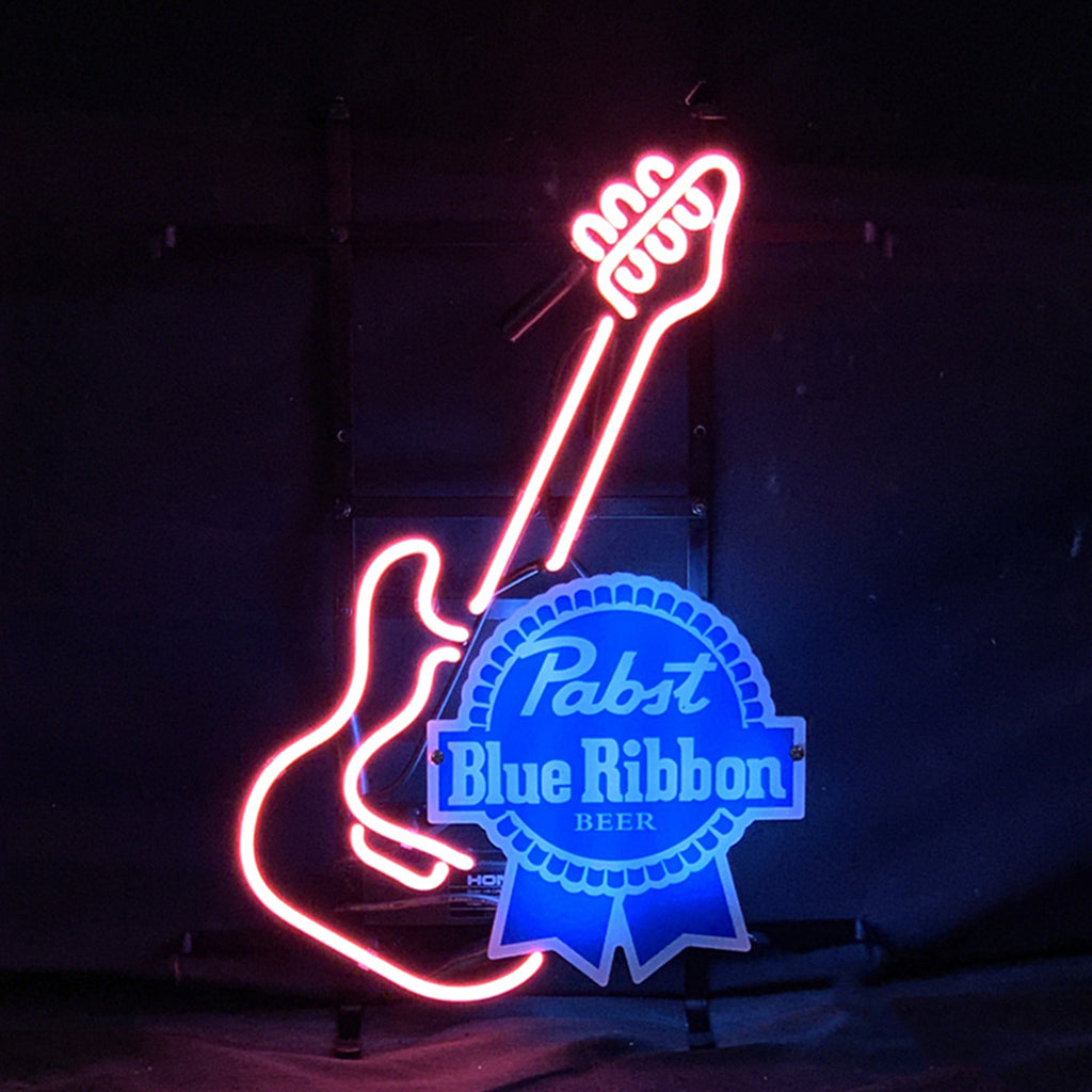 Neon sign shaped like an electric guitar outlined in red with a bright blue Pabst Blue Ribbon beer logo in the center, set against a dark background.