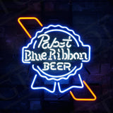 Pabst Blue Ribbon Beer Neon Sign illuminated with blue and red neon on metal grid backing