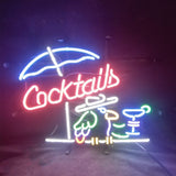 Cocktails with Under Umbrella Parrot Neon Signs glowing in soft neon colors