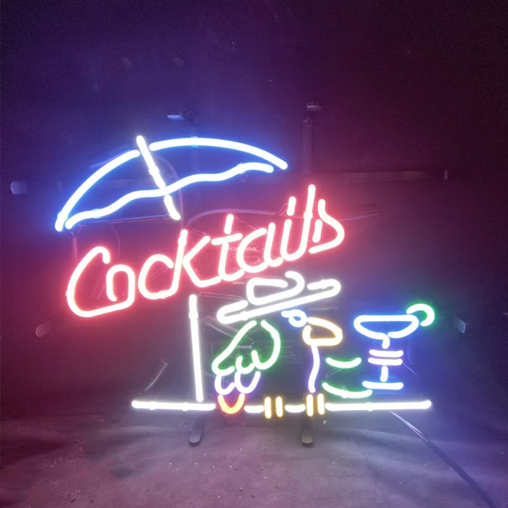 Cocktails with Under Umbrella Parrot Neon Signs glowing in soft neon colors