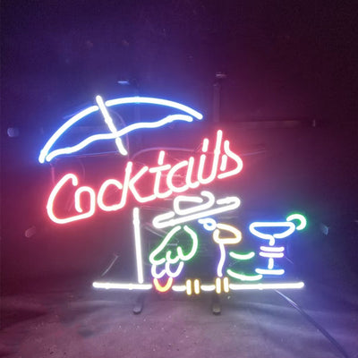 Cocktails with Under Umbrella Parrot Neon Signs glowing in soft neon colors
