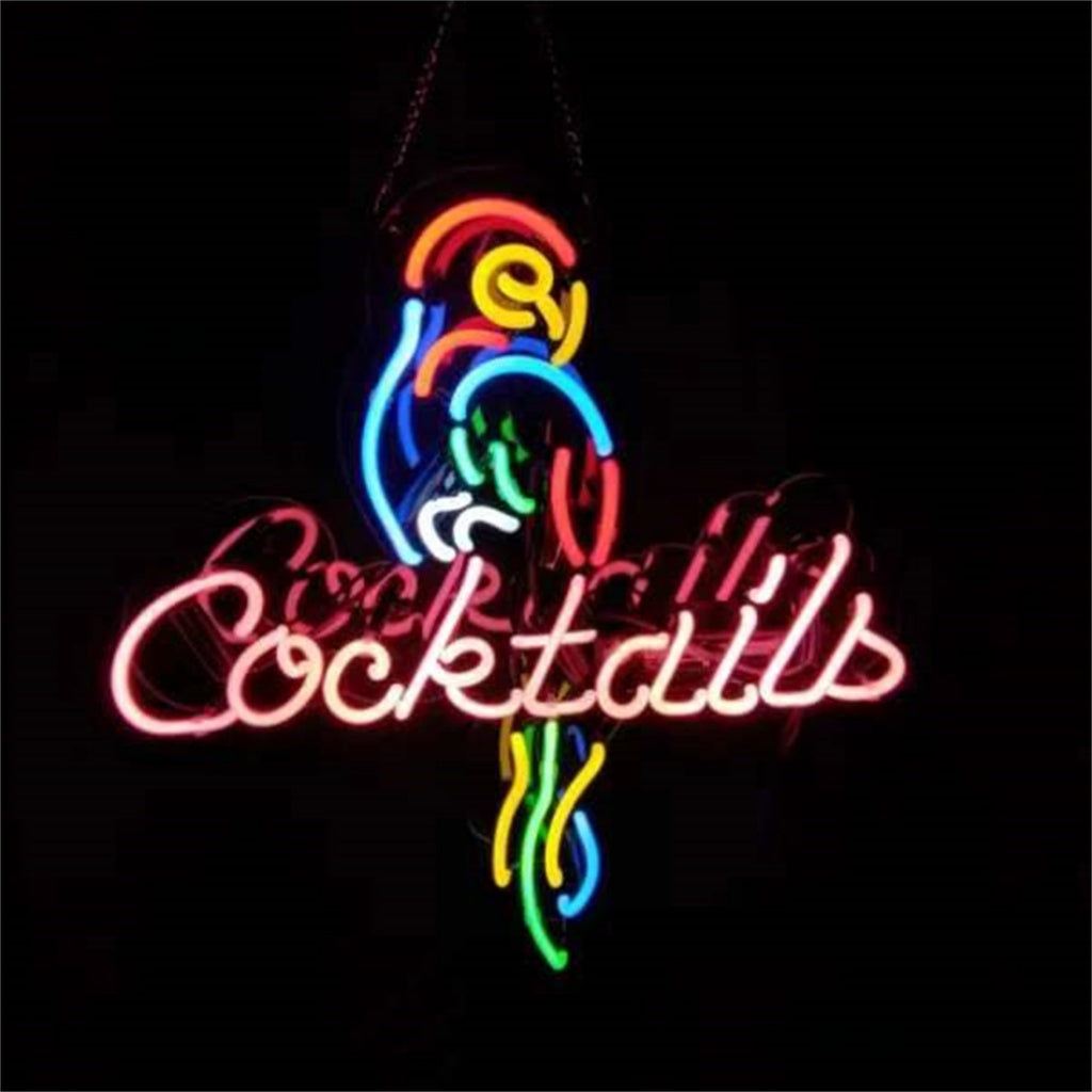 Colorful neon sign featuring a parrot with red, blue, yellow, and green outlines perched above the cursive word 'Cocktails' in glowing pink letters on black background.