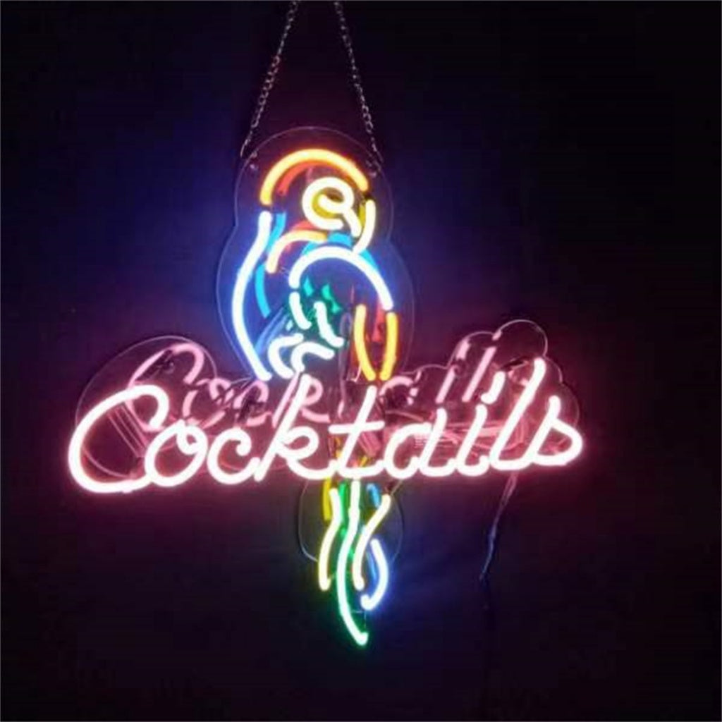 Parrot and Cocktails Font Neon Sign glowing on a wall