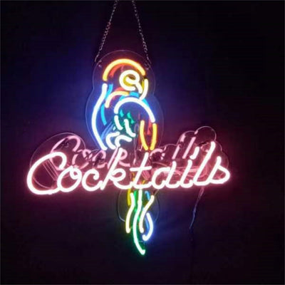 Parrot and Cocktails Font Neon Sign glowing on a wall
