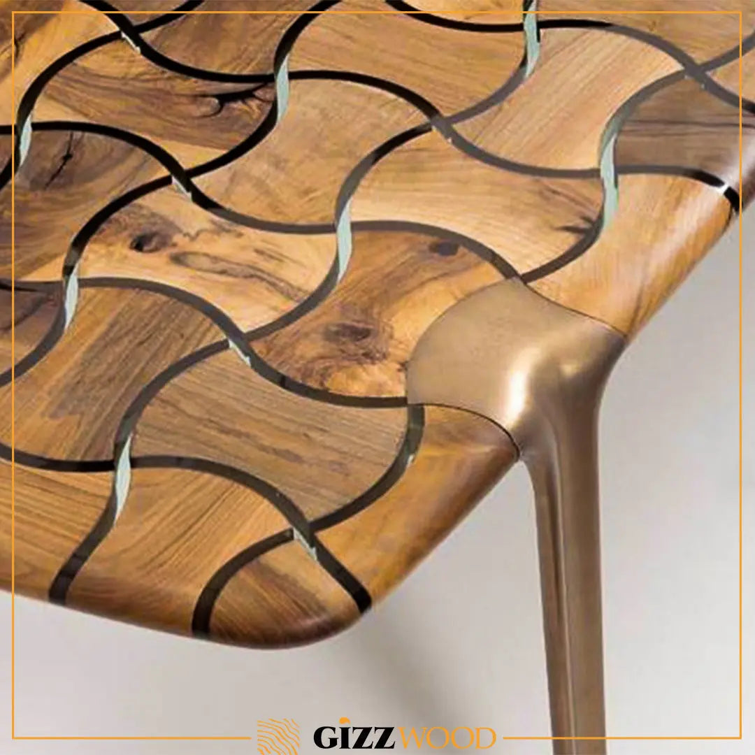Patch Epoxy Resin Dining Table made of aged walnut wood with aluminum legs