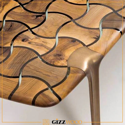 Patch Epoxy Resin Dining Table made of aged walnut wood with aluminum legs