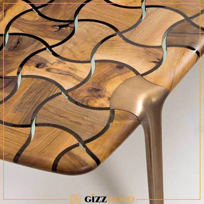 Patch Epoxy Resin Dining Table made of aged walnut wood with aluminum legs