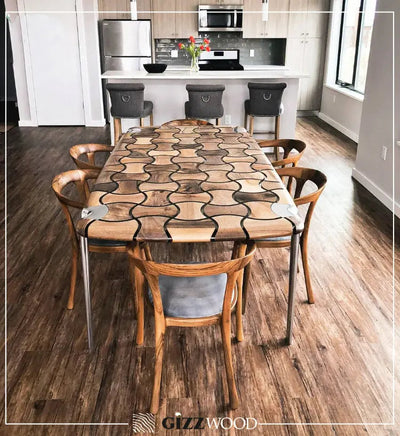 Patch Epoxy Resin Dining Table made of aged walnut wood with aluminum legs