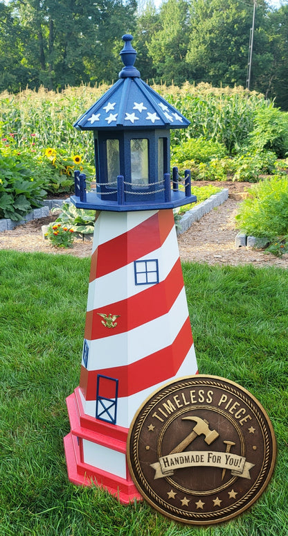 Amish handmade patriotic solar lighthouse garden decor with American flag colors