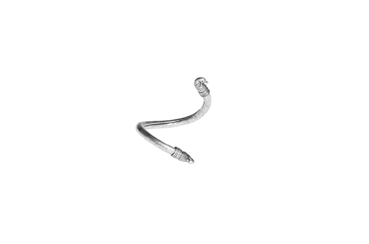 Curved antique Norse Viking bracelet featuring a detailed peacock head on one end and a pointed tail on the other, with a textured metal surface.