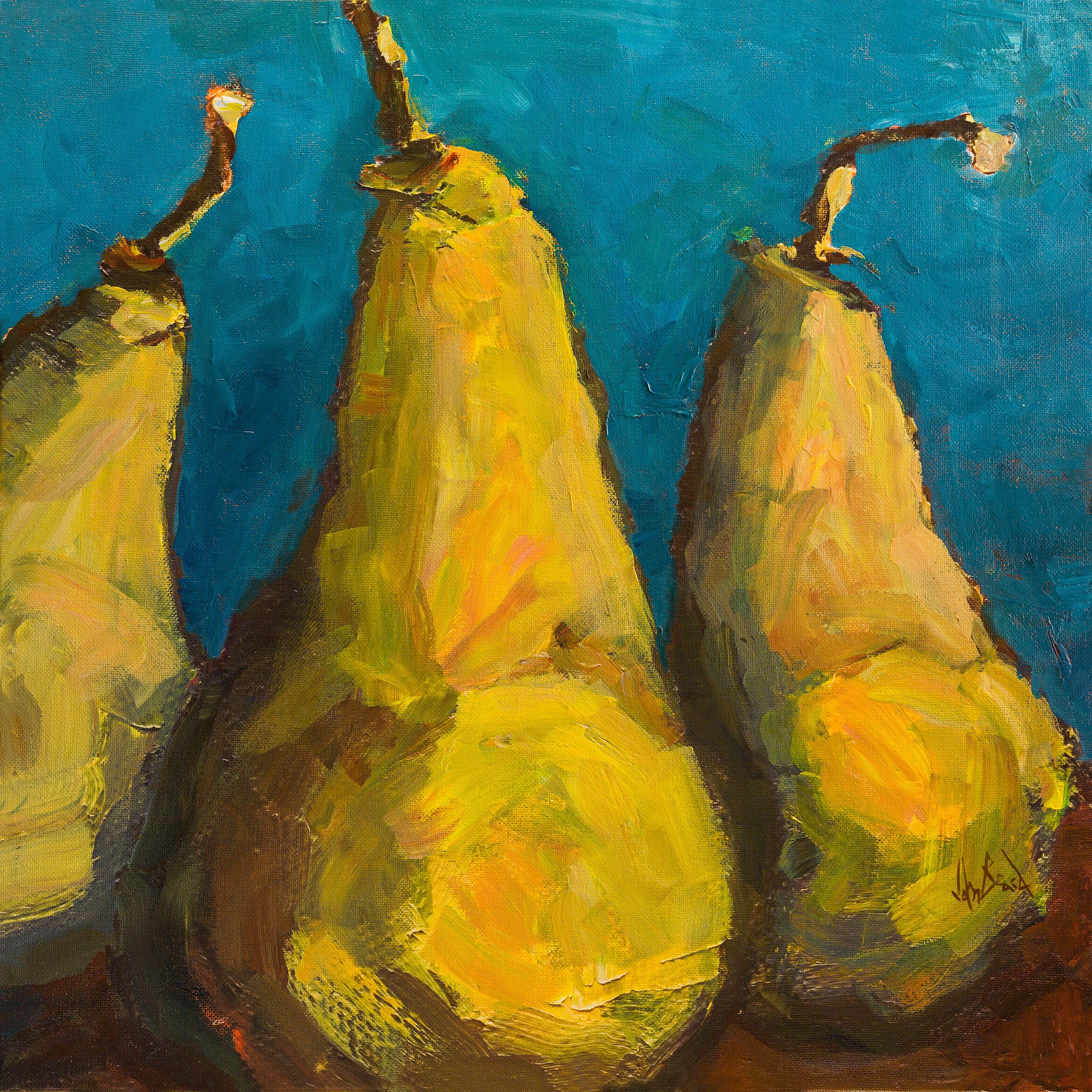 Pears with Teal Artist Enhanced Canvas Print by John Beard Collection - main product image for Resin Society