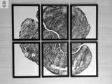 Black and white six-panel wall art showing a detailed cross-section of a Pennsylvania Sugar Maple tree with visible growth rings and cracks.