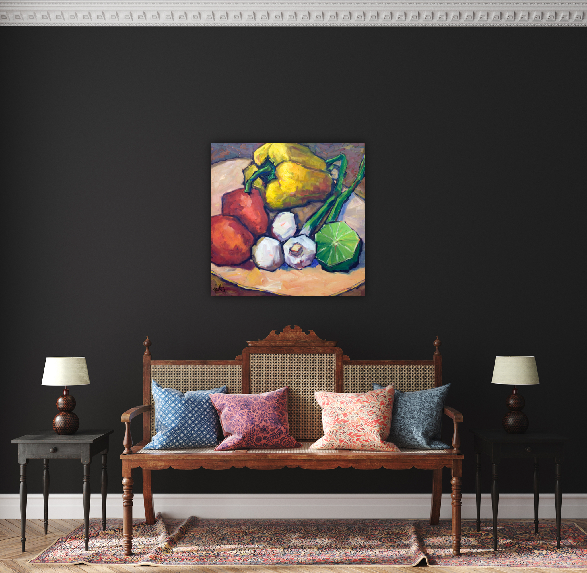 Peppers Limes and Mushrooms Artist Enhanced Canvas Print by John Beard Collection - product image 3 for Resin Society