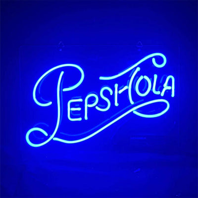 Pepsi Cola Font Neon Sign with blue neon light on acrylic backing hanging on wall