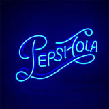 Curved neon sign spelling 'PEPSI-COLA' in bright blue script against a dark background.