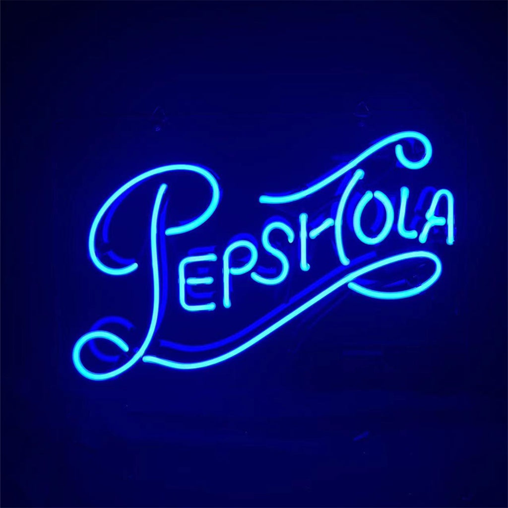 Curved neon sign spelling 'PEPSI-COLA' in bright blue script against a dark background.