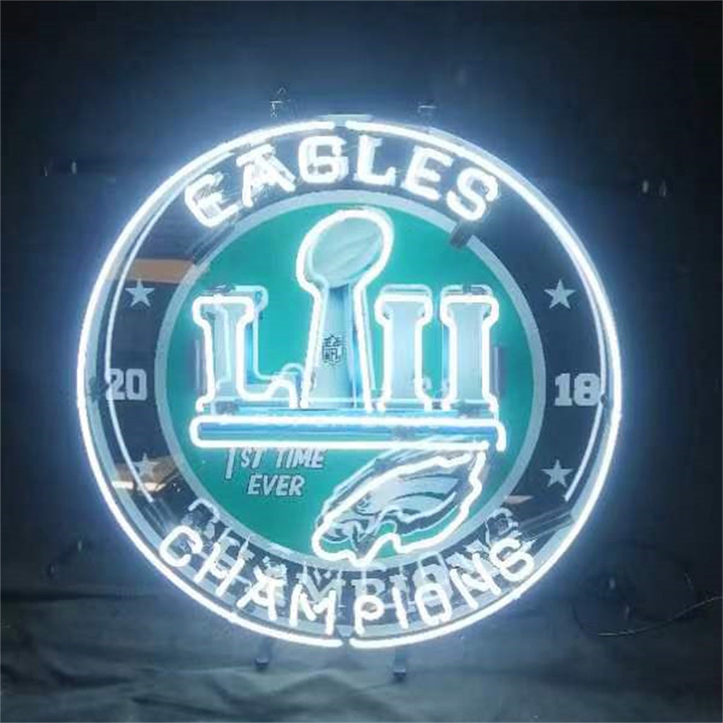 Philadelphia Eagles 2018 Champions Cup Neon Sign showing bright green neon light on a black acrylic backing