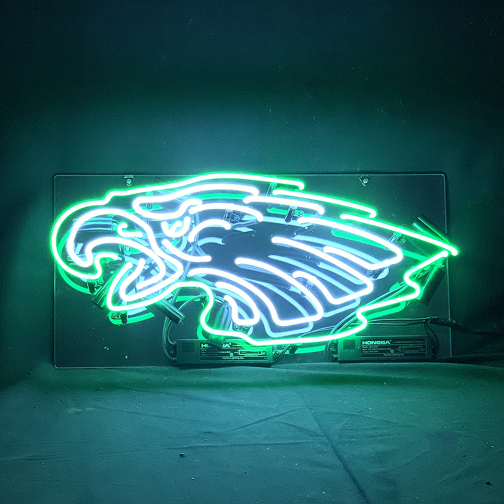 Philadelphia Eagles Green Neon Light Sign hanging illuminated in green on a wall