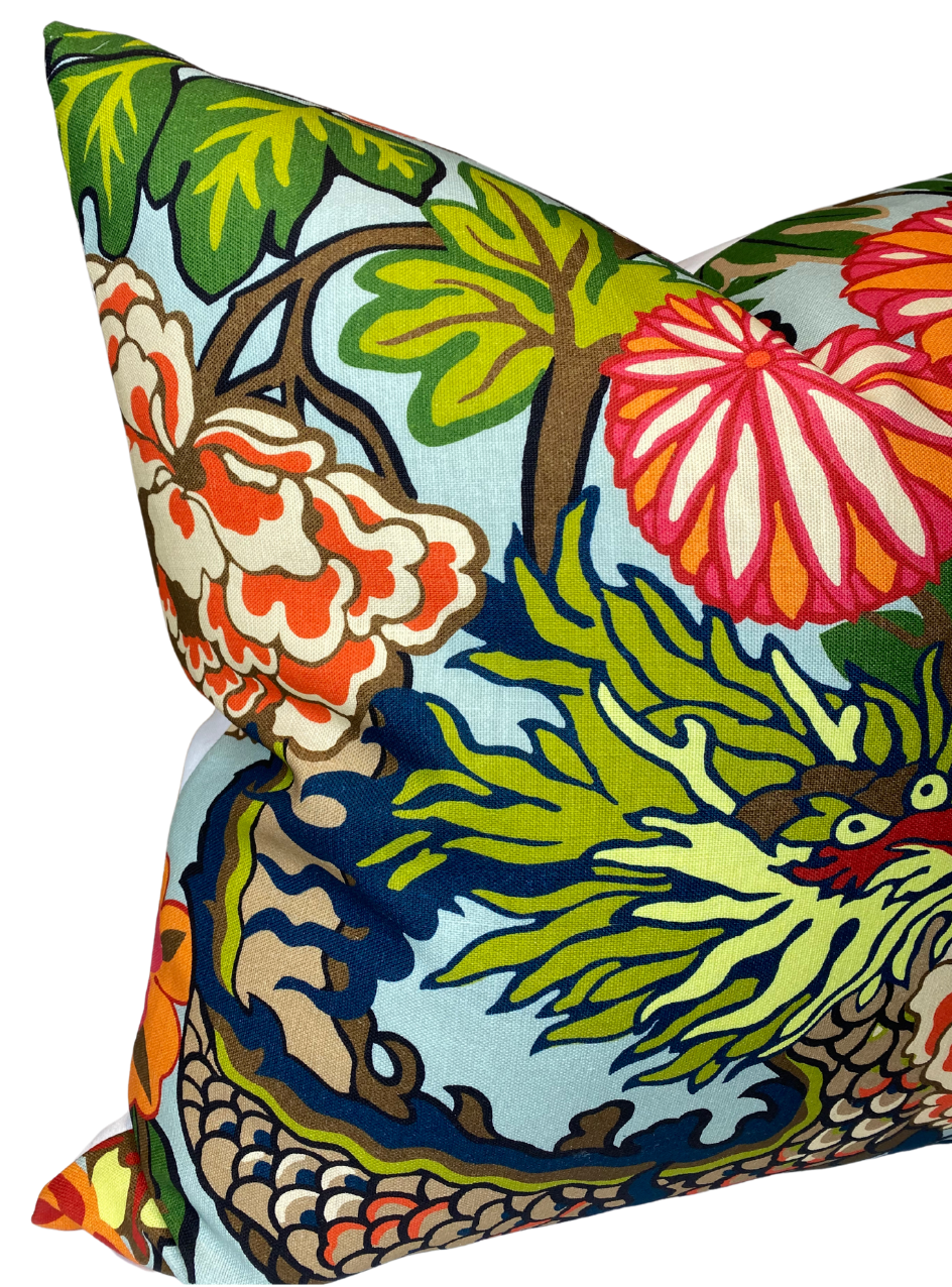 Chiang Mai Dragon Pillow Cover in Aquamarine, Indoor Outdoor Pillows, Schumacher Textiles