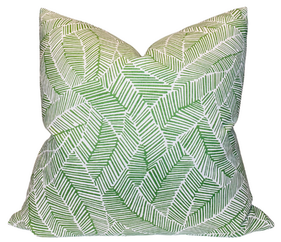 Abstract Leaf Pillow Cover with leaf green pattern and ivory linen backing