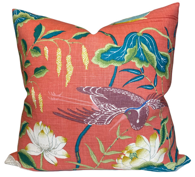 Lotus Garden Pillow Cover in Red showing Schumacher Lotus Garden floral print on front and ivory linen on back