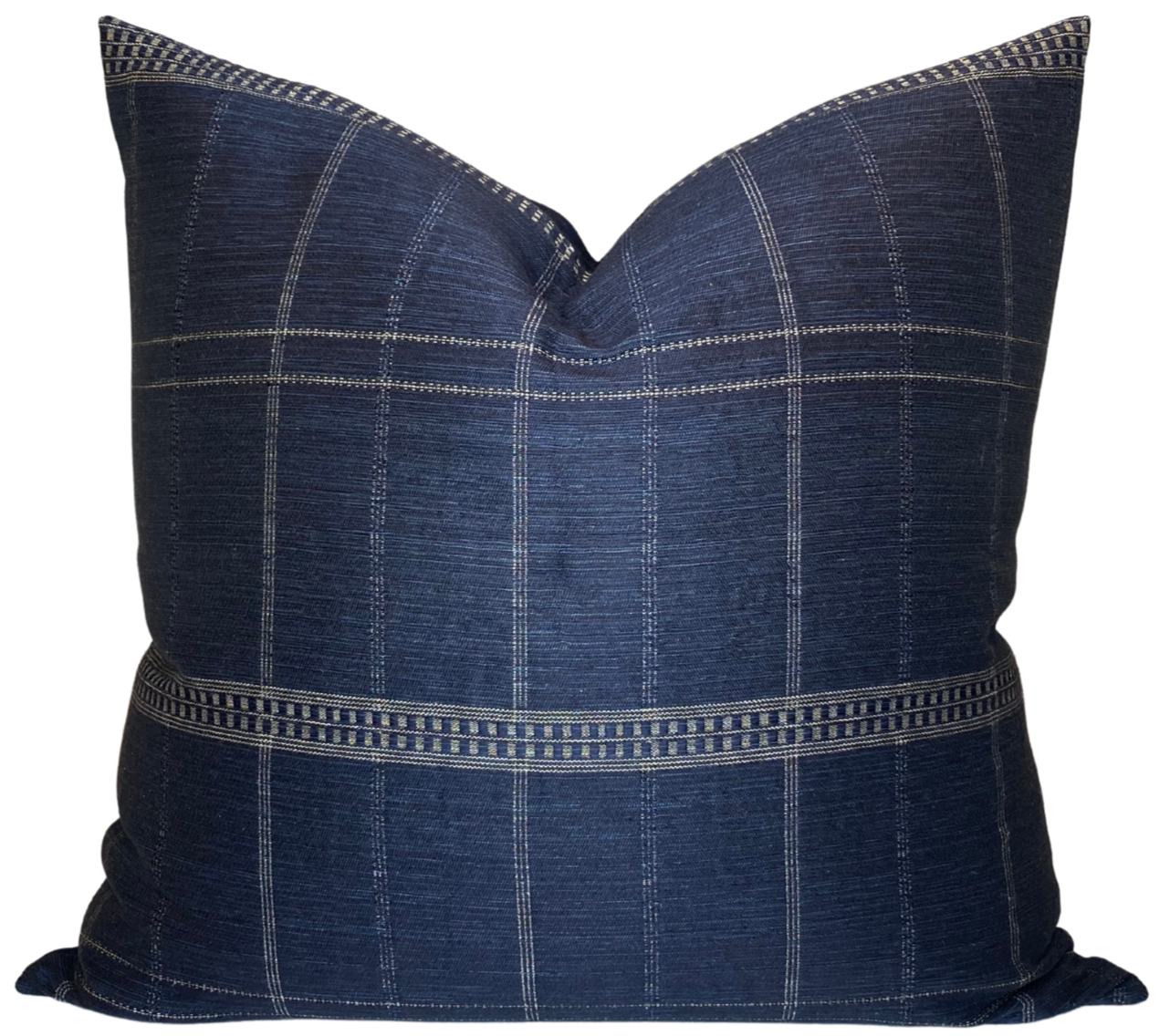 Mademoiselle Pillow Cover in Midnight showing front woven fabric and navy linen back
