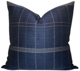 Mademoiselle Pillow Cover in Midnight showing front woven fabric and navy linen back