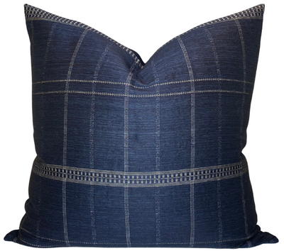 Mademoiselle Pillow Cover in Midnight showing front woven fabric and navy linen back