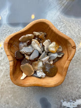 Polished agate stones of various colors and banding on a white surface