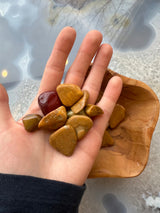 Hand holding polished tumbled stones in shades of brown, yellow, green, and one deep red, above a wooden bowl with natural grain patterns.