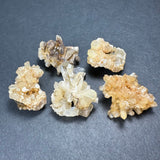 Five small mineral crystal clusters with pale yellow to light brown hues arranged on a dark textured surface, showcasing varied crystalline formations and translucency.