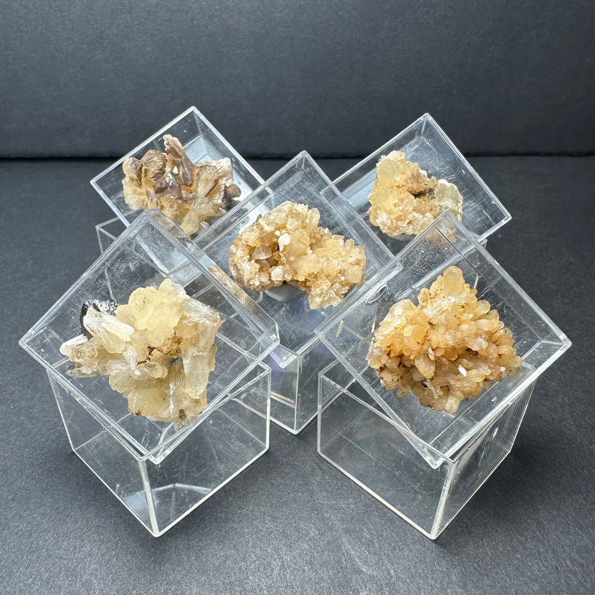 Five yellow to light brown crystalline mineral specimens displayed in clear acrylic boxes on a dark gray surface, arranged in a loose cluster seen from above.