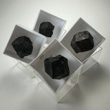 Four black cubic-shaped mineral specimens displayed separately in clear square acrylic boxes against a white background, showing natural rough textures and sharp edges.