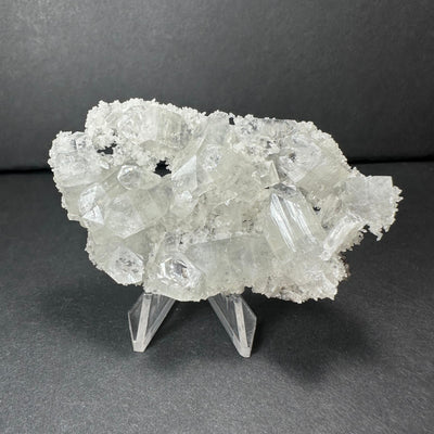 Clear Apophyllite crystal cluster micro specimen on chalcedony from India, showing translucent crystal formations