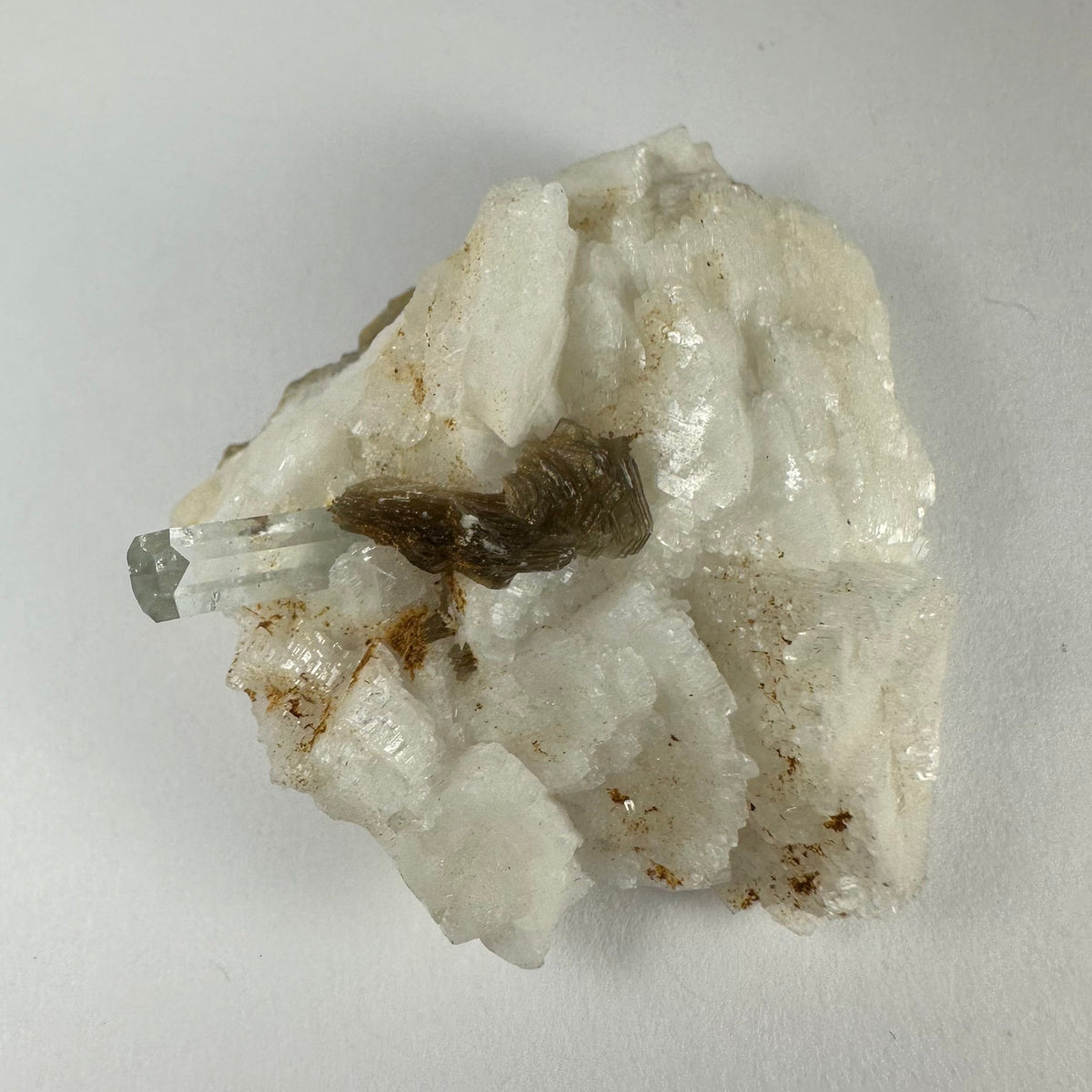 Cluster of white albite crystals with a small, light blue aquamarine crystal and brown muscovite flakes, shown against a plain white background.