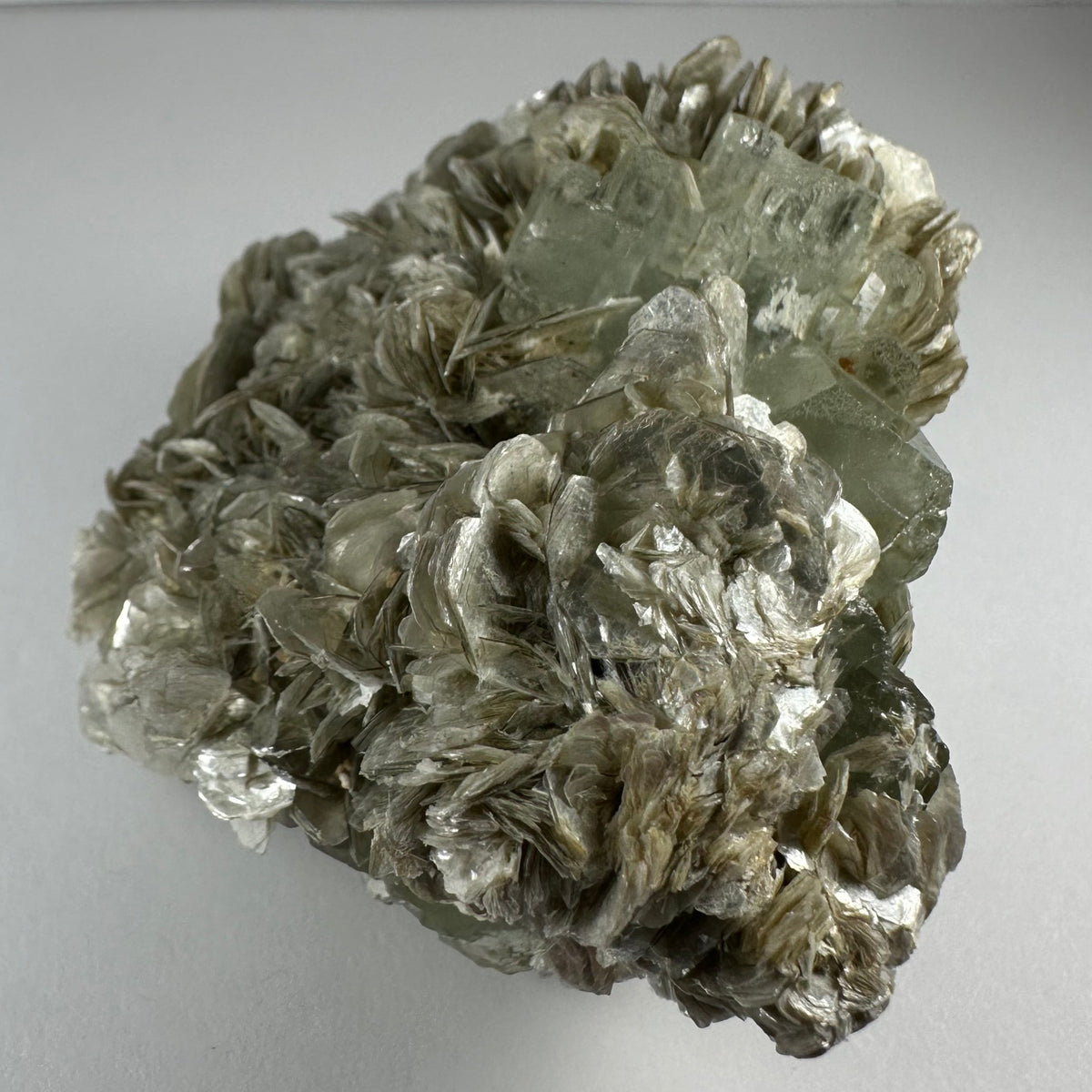Cluster of translucent aquamarine crystals intergrown with silvery muscovite flakes and pale albite, showing layered, reflective surfaces and angular shapes.