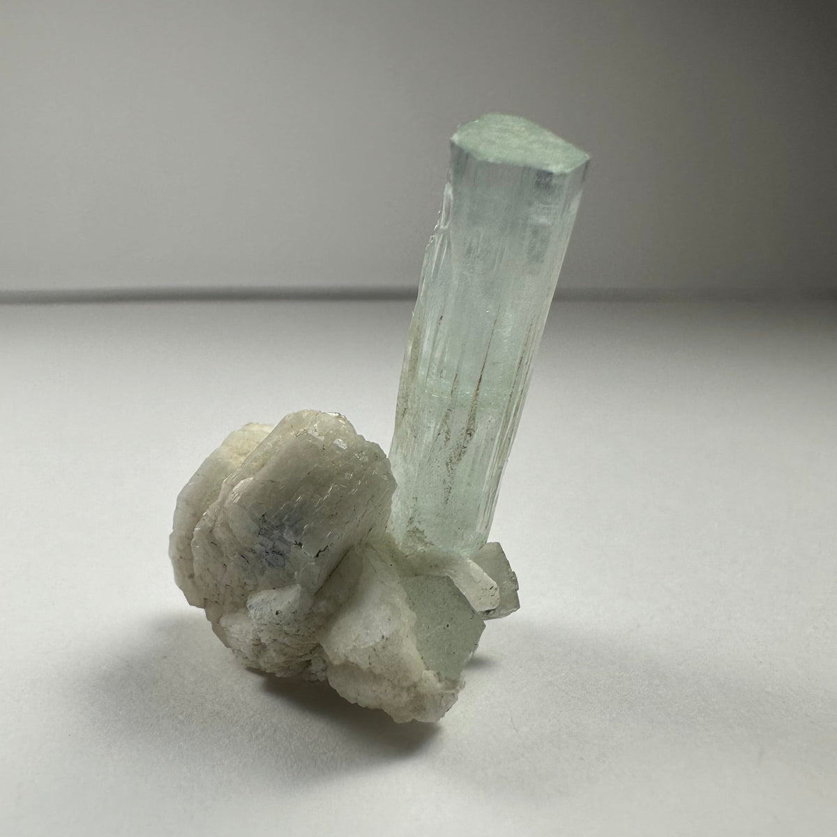 Tall, transparent pale blue aquamarine crystal standing on a cluster of white albite with layered, flaky texture on a plain light background