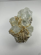 Translucent pale green aquamarine crystals with layered beige muscovite sheets from Shigar Valley, Skardu, Pakistan, on a neutral background.