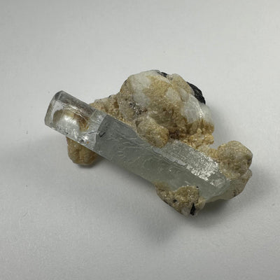 Aquamarine crystals on white albite matrix alongside black tourmaline from Shigar Valley, Skardu, Pakistan