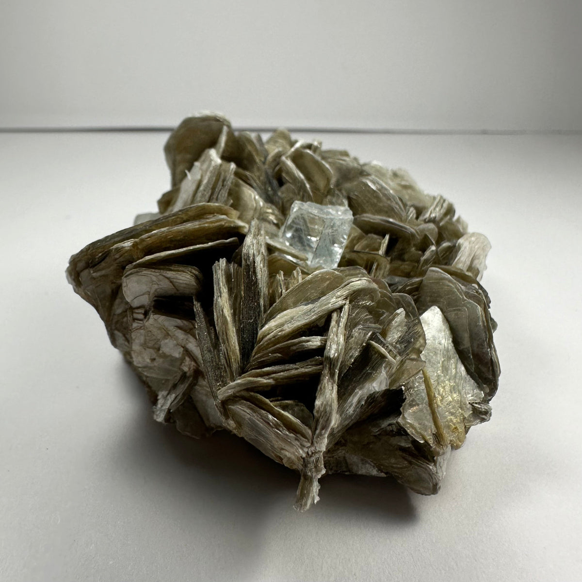 Cluster of layered, silvery-gray muscovite crystals with a small, translucent aquamarine crystal embedded near the center, photographed against a plain white background.